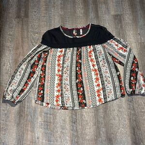 Xhilaration Black and Red Floral Stripe Blouse
